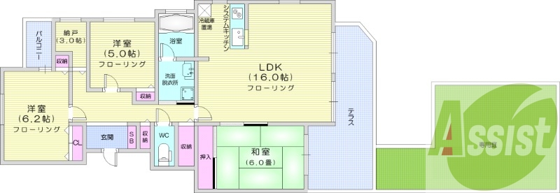 3LDK、独立洗面台、システムキッチン、追い焚き、灯油暖房