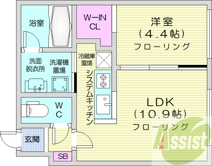 1LDK、エアコン、システムキッチン、独立洗面台