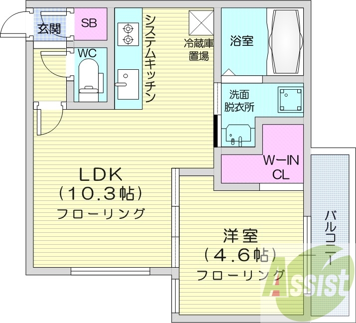 1LDK、エアコン、浴室乾燥機、システムキッチン