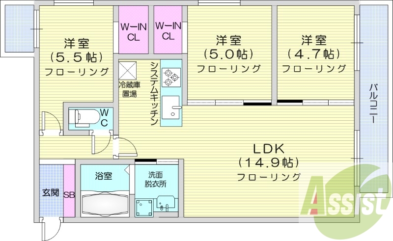 3LDK、エアコン、浴室乾燥機、システムキッチン