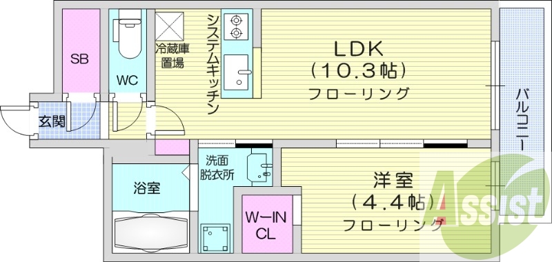 1LDK、エアコン、浴室乾燥機、システムキッチン