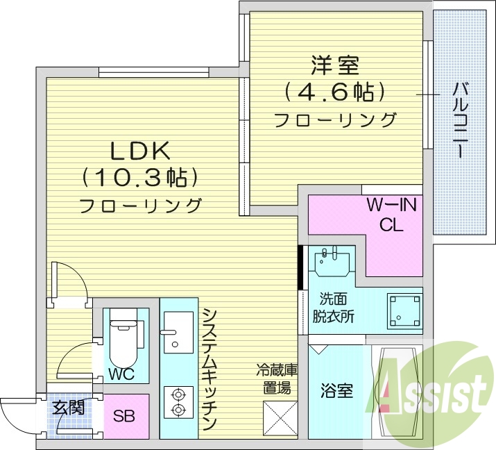 1LDK、エアコン、浴室乾燥機、システムキッチン