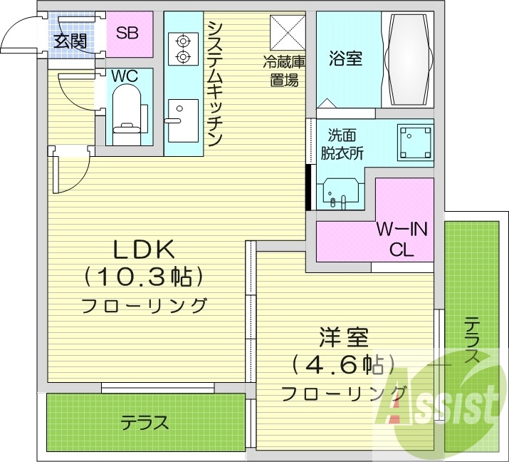 1LDK、エアコン、浴室乾燥機、システムキッチン