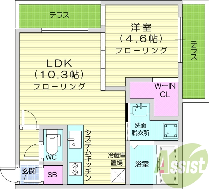 1LDK、エアコン、浴室乾燥機、システムキッチン