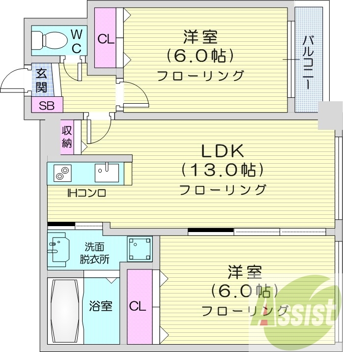 2LDK、クローゼット、シューズボックス、システムキッチン