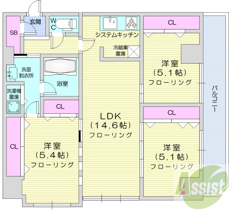 3LDK、都市ガス、追い炊き、システムキッチン、エレベーター