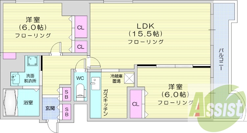 2LDK、バストイレ別、オートロック、ペット可