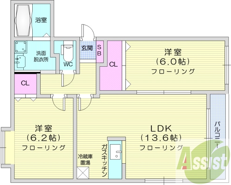 2LDK、対面キッチン、独立洗面台、バルコニー