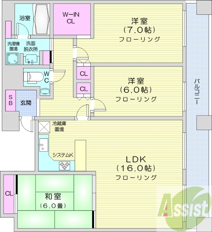 3LDK、都市ガス、エアコン、システムキッチン、独立洗面台