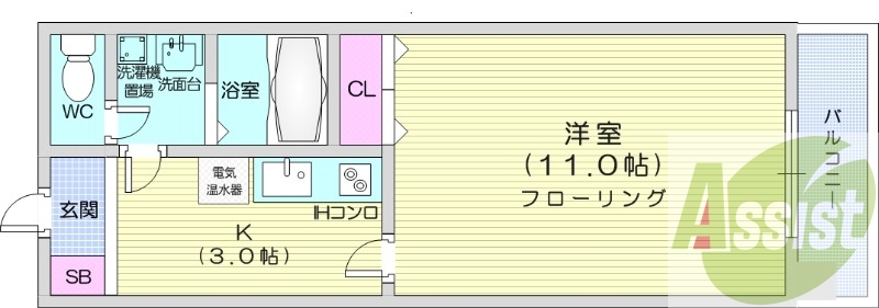 1K、暖房設備、収納、洗濯機置場、オール電化