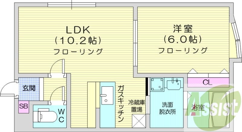 1LDK、灯油暖房、浴室乾燥機、洗髪洗面化粧台