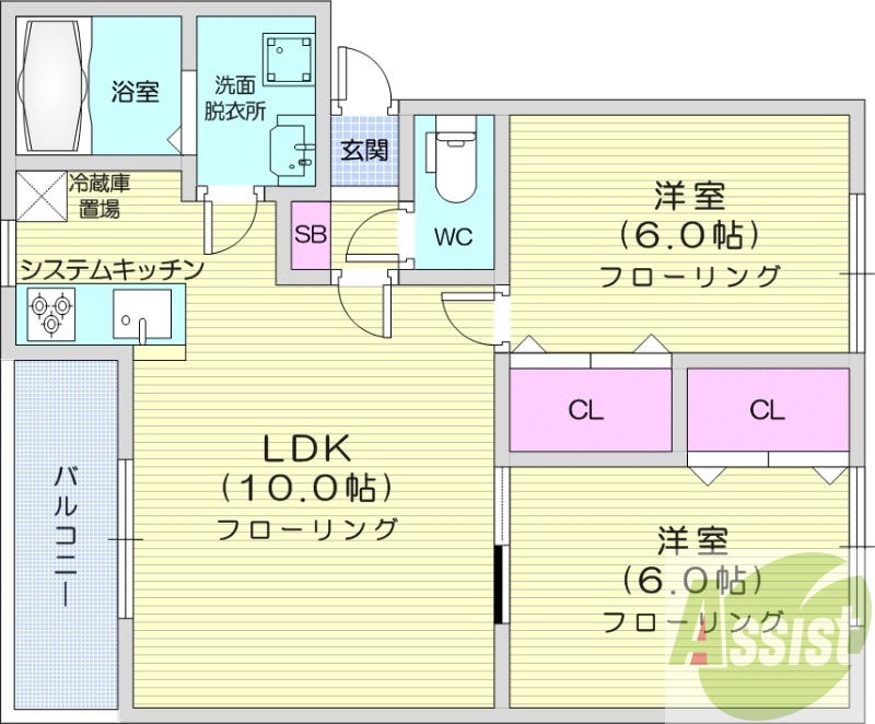 2LDK、シャワートイレ、独立洗面台、システムキッチン