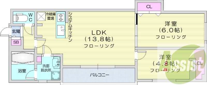 2LDK、エアコン、システムキッチン、オートロック