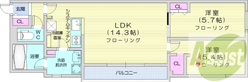 2LDK、エアコン、システムキッチン、オートロック