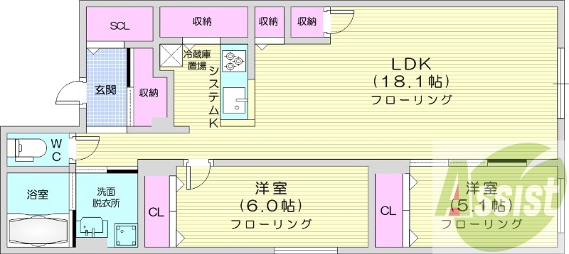 2LDK、エアコン、浴室乾燥機、システムキッチン