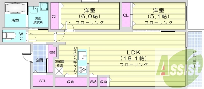 2LDK、エアコン、浴室乾燥機、システムキッチン