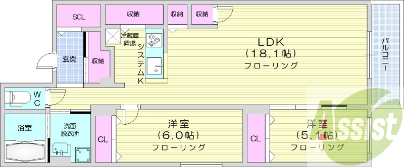 2LDK、エアコン、浴室乾燥機、システムキッチン