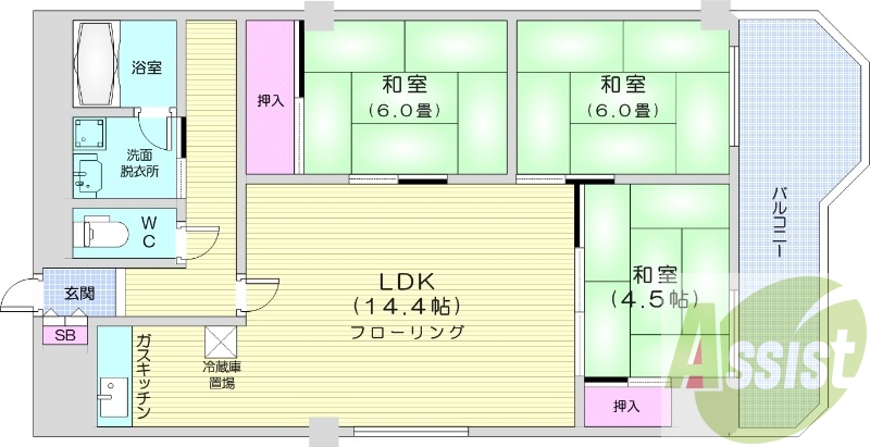 3LDK、都市ガス、エアコン、シャンプードレッサー