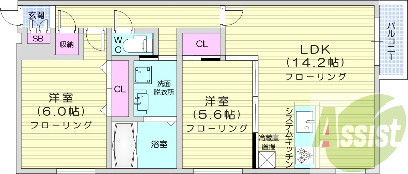 2LDK、システムキッチン、灯油暖房、独立洗面台