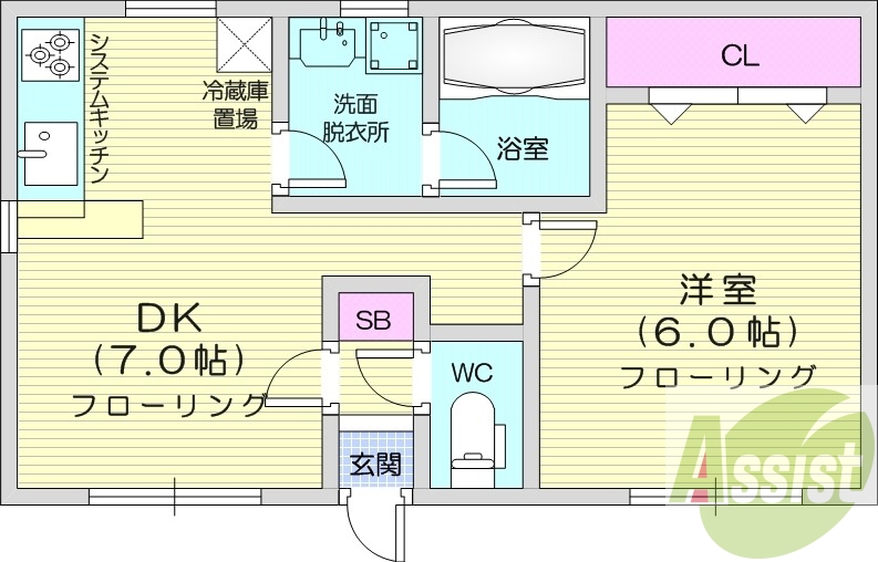 1DK、バス・トイレ別、ウォシュレット、システムキッチン