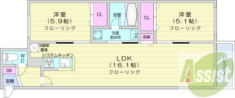2LDK、都市ガス、エアコン、独立洗面台