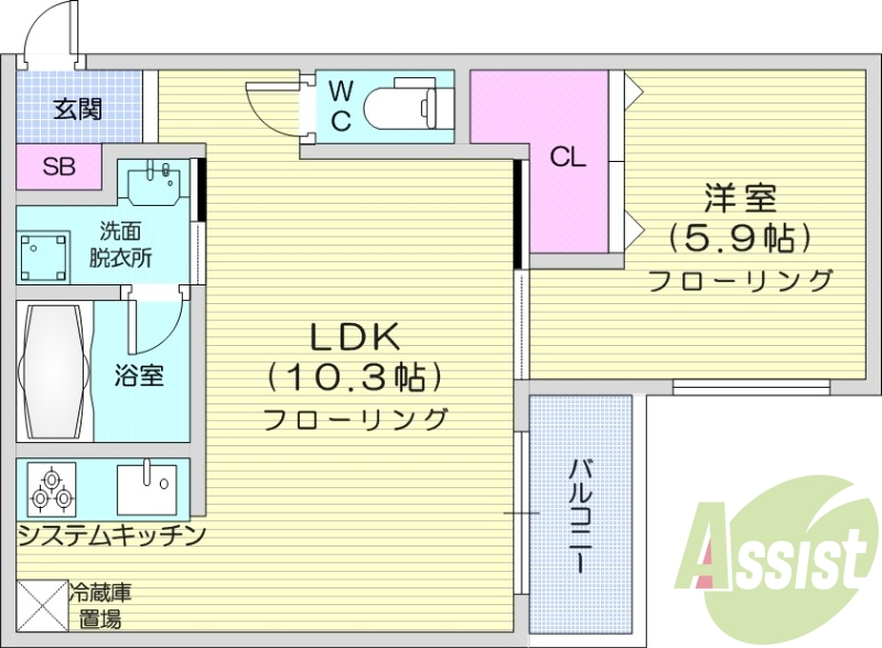1LDK、都市ガス、エアコン、独立洗面台