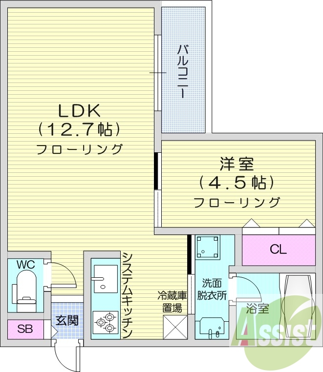 1LDK、都市ガス、エアコン、独立洗面台