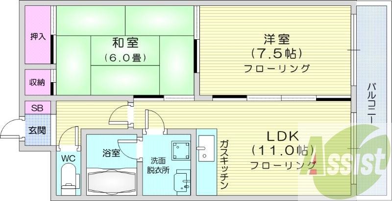 2LDK、エアコン、独立洗面台、ガスキッチン