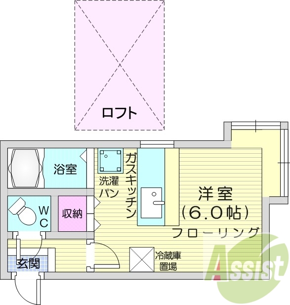 1R、ロフト、バス・トイレ別、都市ガス、カウンターテーブル