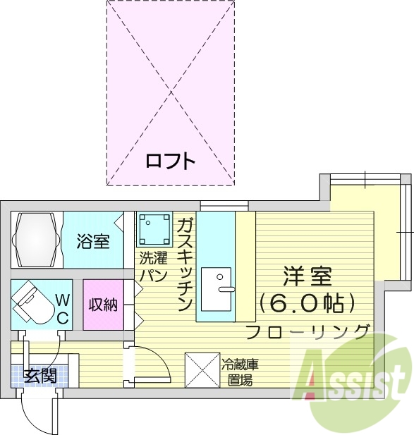 1R、ロフト、バス・トイレ別、都市ガス、カウンターテーブル