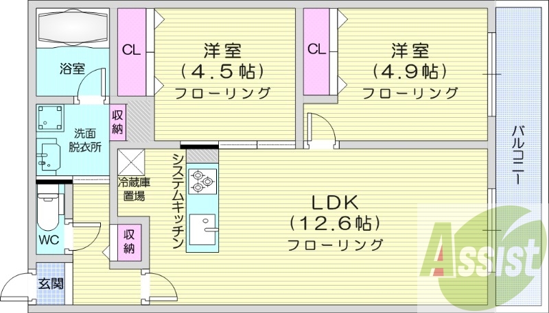 2LDK、都市ガス、エアコン、浴室乾燥機、追い焚き