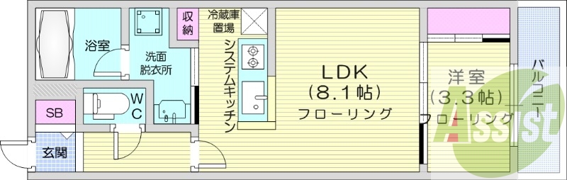 1LDK、都市ガス、エアコン、浴室乾燥機、ネット無料