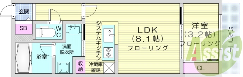 1LDK、都市ガス、エアコン、浴室乾燥機、ネット無料