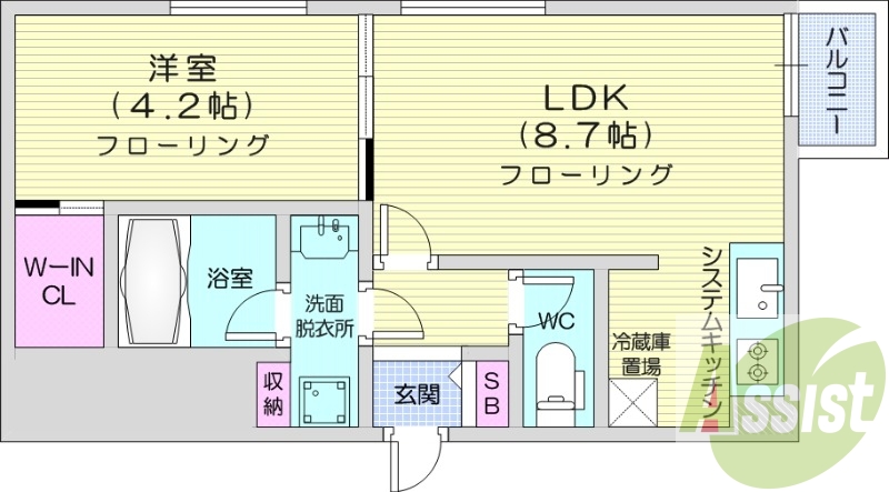 1LDK、都市ガス、エアコン、浴室乾燥機、ネット無料