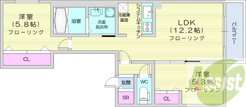 2LDＫ、エアコン、都市ガス、浴室乾燥機