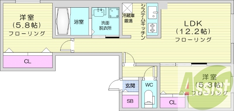 2LDＫ、エアコン、都市ガス、浴室乾燥機