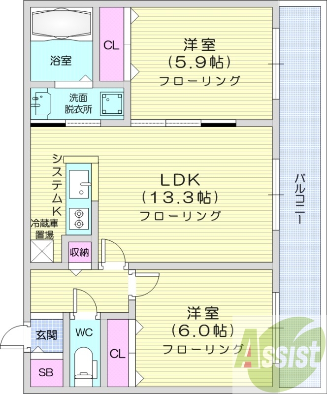 2LDＫ、エアコン、都市ガス、浴室乾燥機