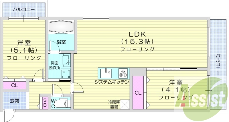 2LDK、都市ガス、エアコン、浴室乾燥機、追い焚き