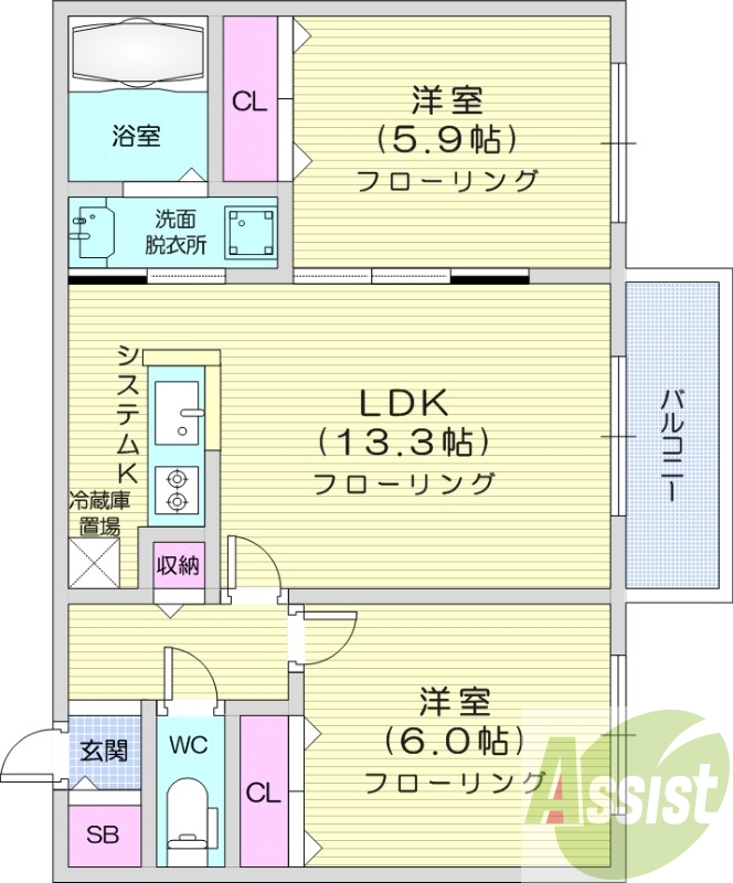 2LDＫ、エアコン、都市ガス、浴室乾燥機