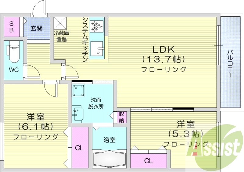 2LDＫ、エアコン、都市ガス、浴室乾燥機