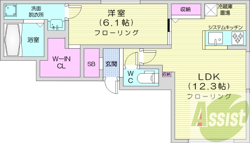 1LDK、都市ガス、エアコン、システムキッチン
