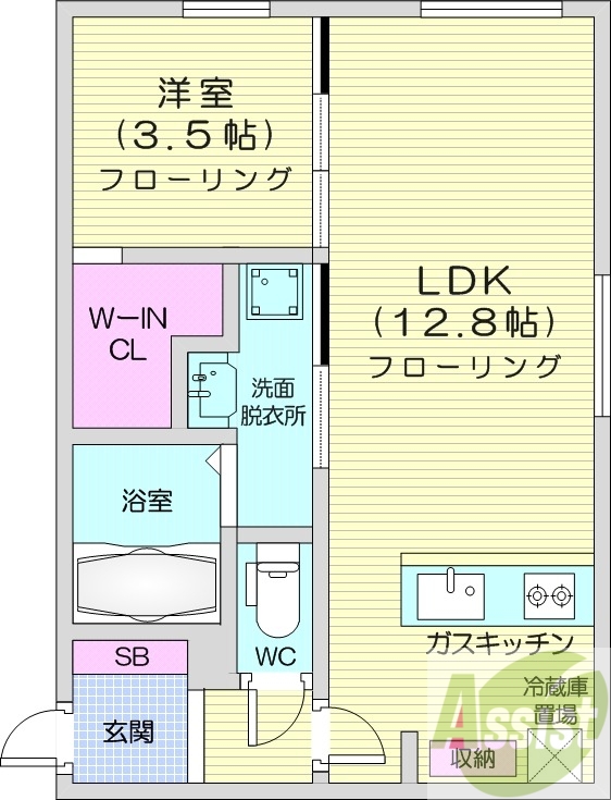 1LDK、都市ガス、エアコン、システムキッチン