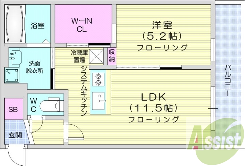 1LDK、都市ガス、エアコン、システムキッチン