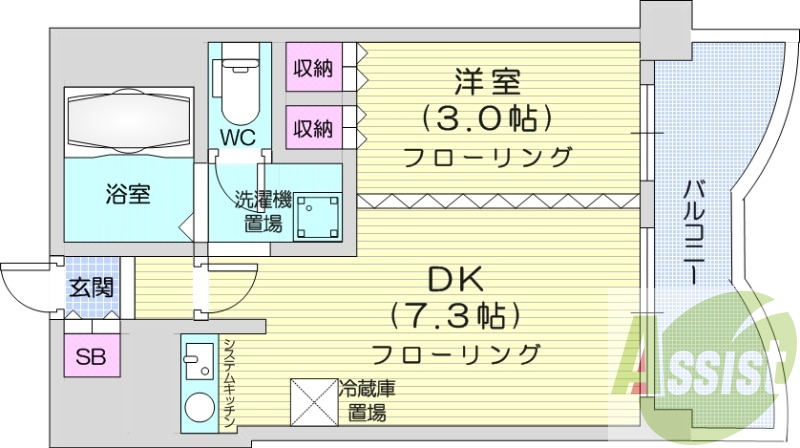 1DK、洗面脱衣所、押入、クローゼット、システムキッチン