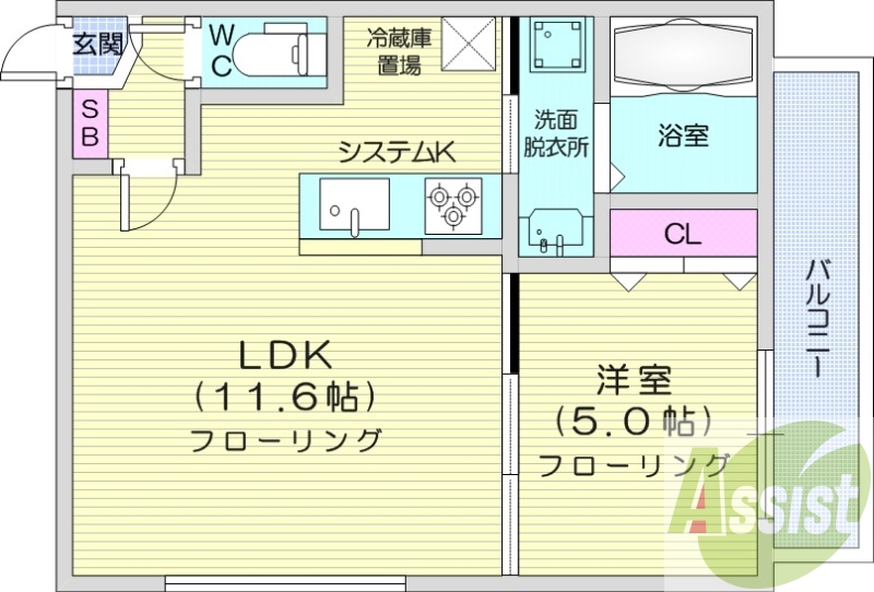 1LDK、収納、洗濯機置場、暖房設備、都市ガス