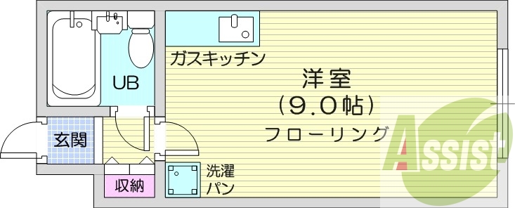 1R、都市ガス、オートロック、室内洗濯機置き場、収納