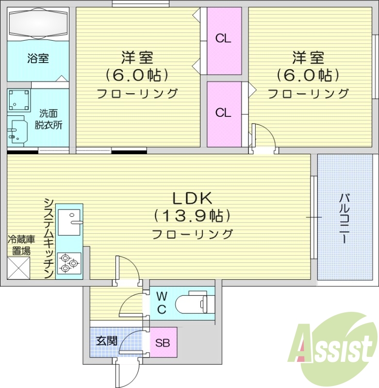 2LDK、エアコン、システムキッチン、追い焚き