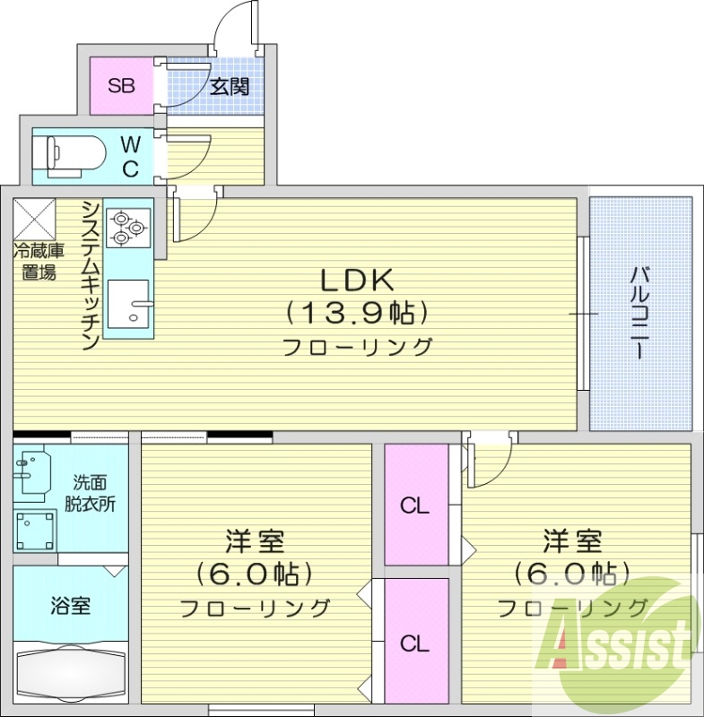 2LDK、エアコン、システムキッチン、追い焚き