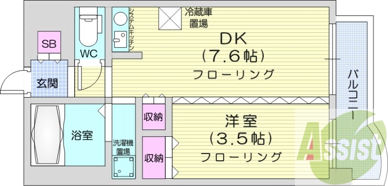 1DK、洗面脱衣所、押入、クローゼット、システムキッチン