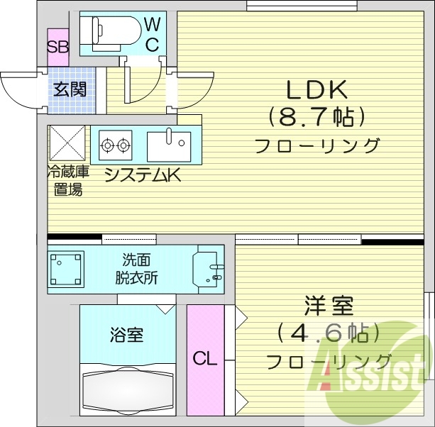 1LDK、エアコン、浴室乾燥機、システムキッチン